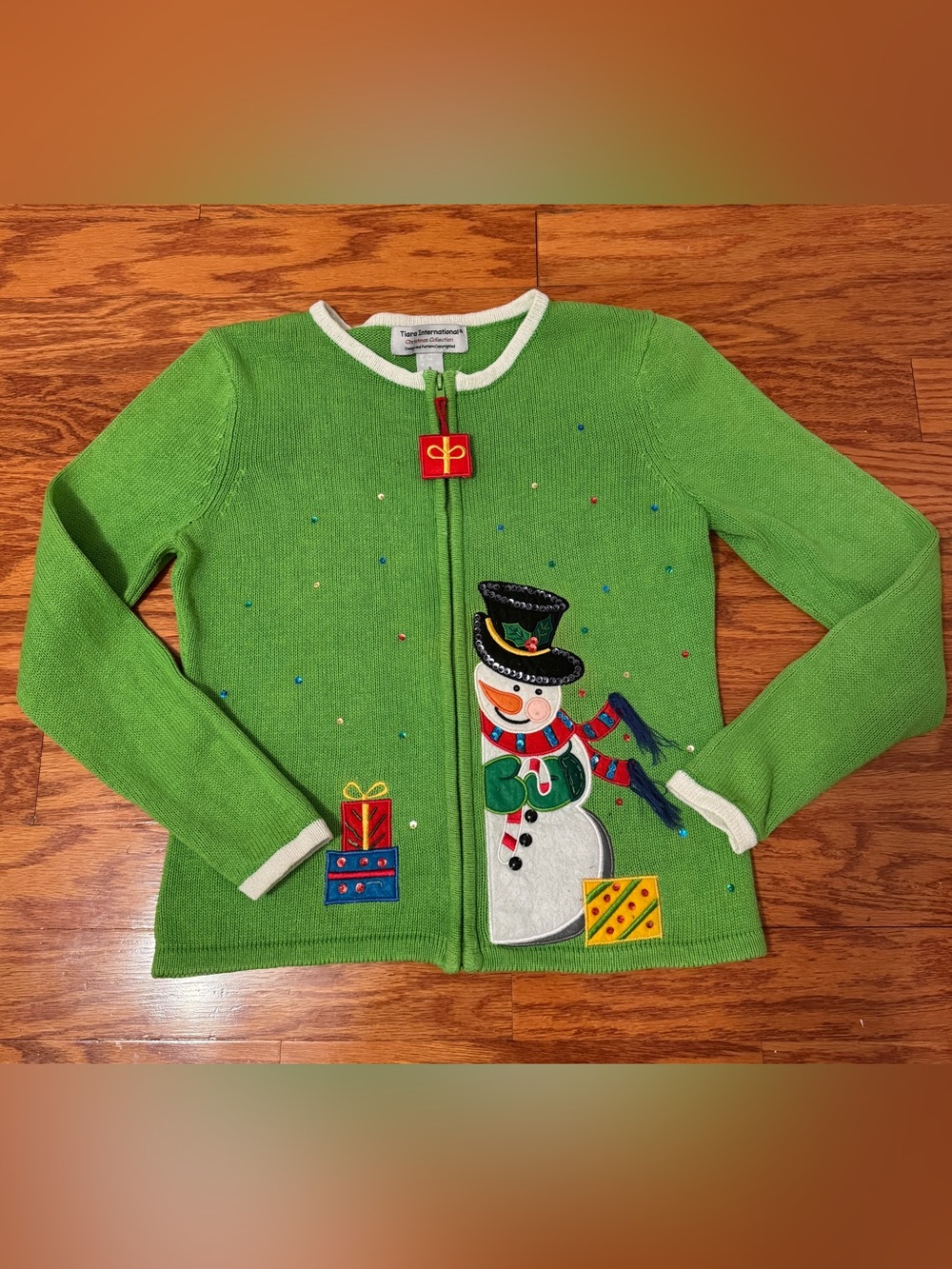 Tiara International Girls' Green Snowman Zip-Front Cardigan